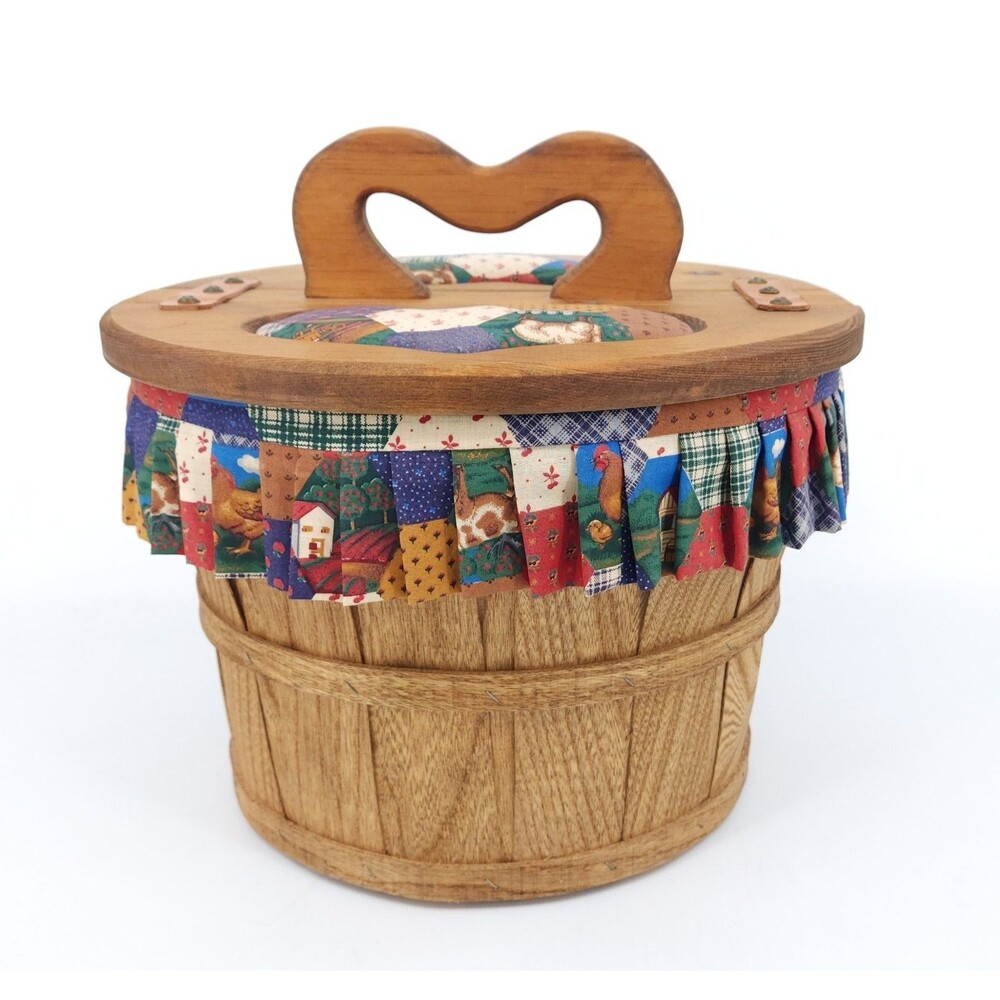 Vintage Wooden Half-Bushel Sewing Basket with Heart Handle & Country Liner